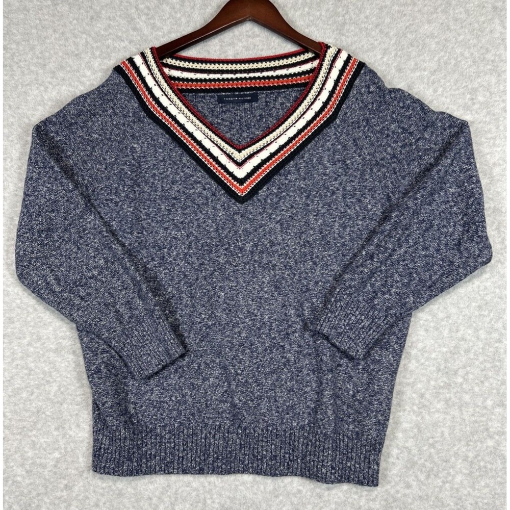 Tommy Hilfiger Women's Cricket Sweater Crochet V-Neck Striped XL